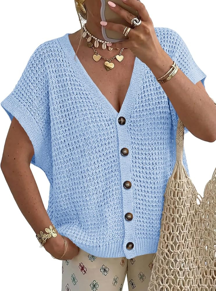 Fisoew Women's Short Sleeve Crochet Cardigans Sweater Tops Summer Button Down V Neck Casual Knit ... | Amazon (US)