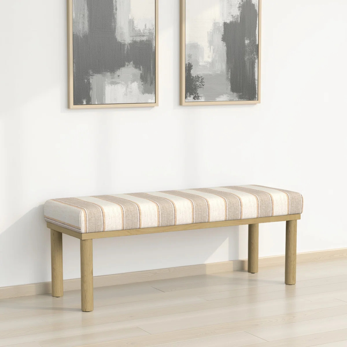 Fin Bench, Natural Brown Wood, Striped Tan Cream Polyester 48 Inch | Wayfair North America