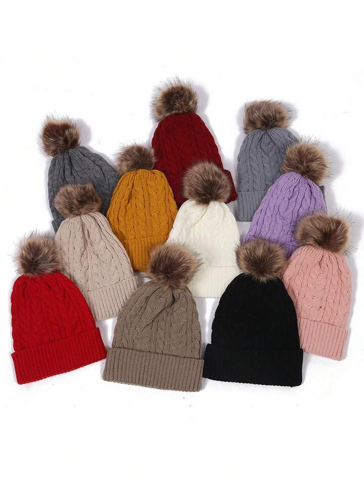 1pc Ladies Autumn And Winter New Big Wool Ball Woolen Hat Solid Color Single-Layer Flanged Warm K... | SHEIN