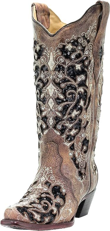 Corral Women's Black Inlay Floral Embroidery Studs Leather Cowgirl Boots - Brown … | Amazon (US)