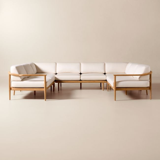 Tide 5-Piece U-Shaped Teak Outdoor Sectional Sofa with Ivory Sunbrella® Cushions | CB2