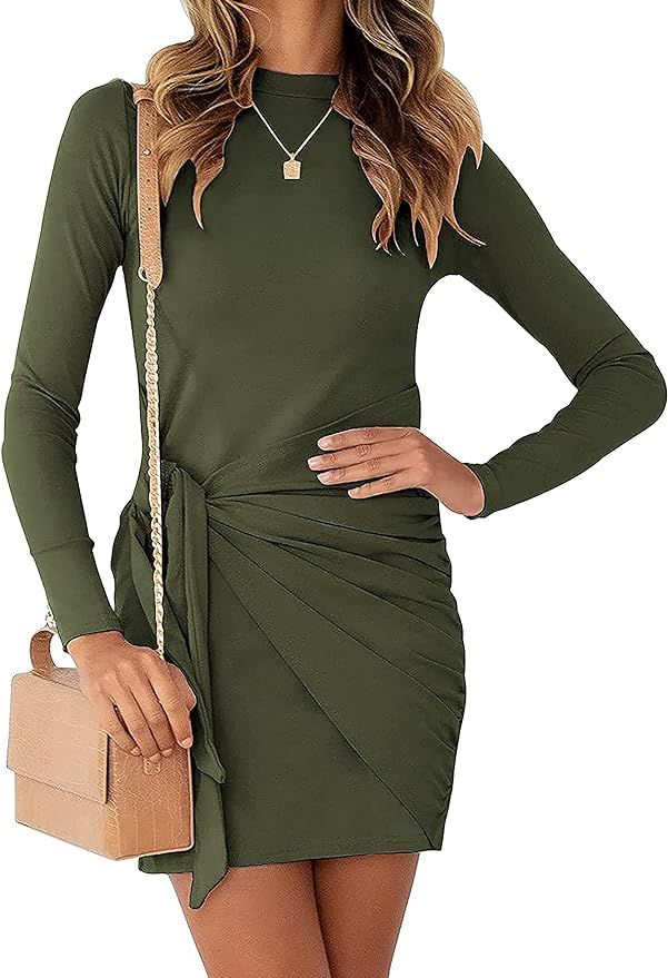 BTFBM Women Casual Crew Neck Long Sleeve Dresses Solid Color Slim Fit Tie Waist Ruched Bodycon Sh... | Amazon (US)