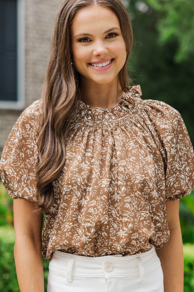 Feeling Fun Brown Ditsy Floral Bubble Sleeve Blouse | The Mint Julep Boutique