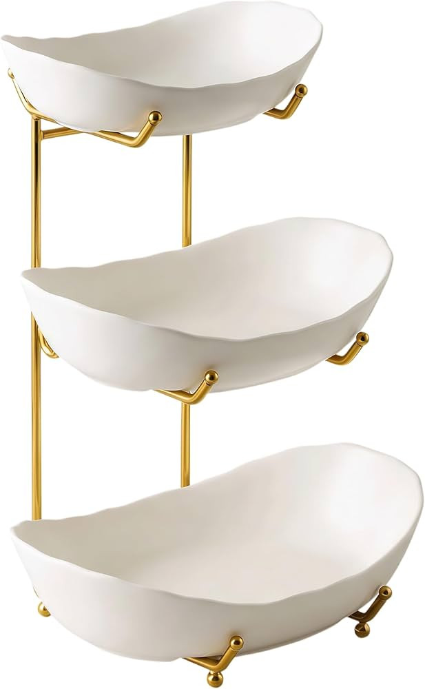 3 Tier Ceramic Fruit Bowl with Gold Metal Stand, Kitchen Counter Organizer and Fruit Basket for C... | Amazon (US)