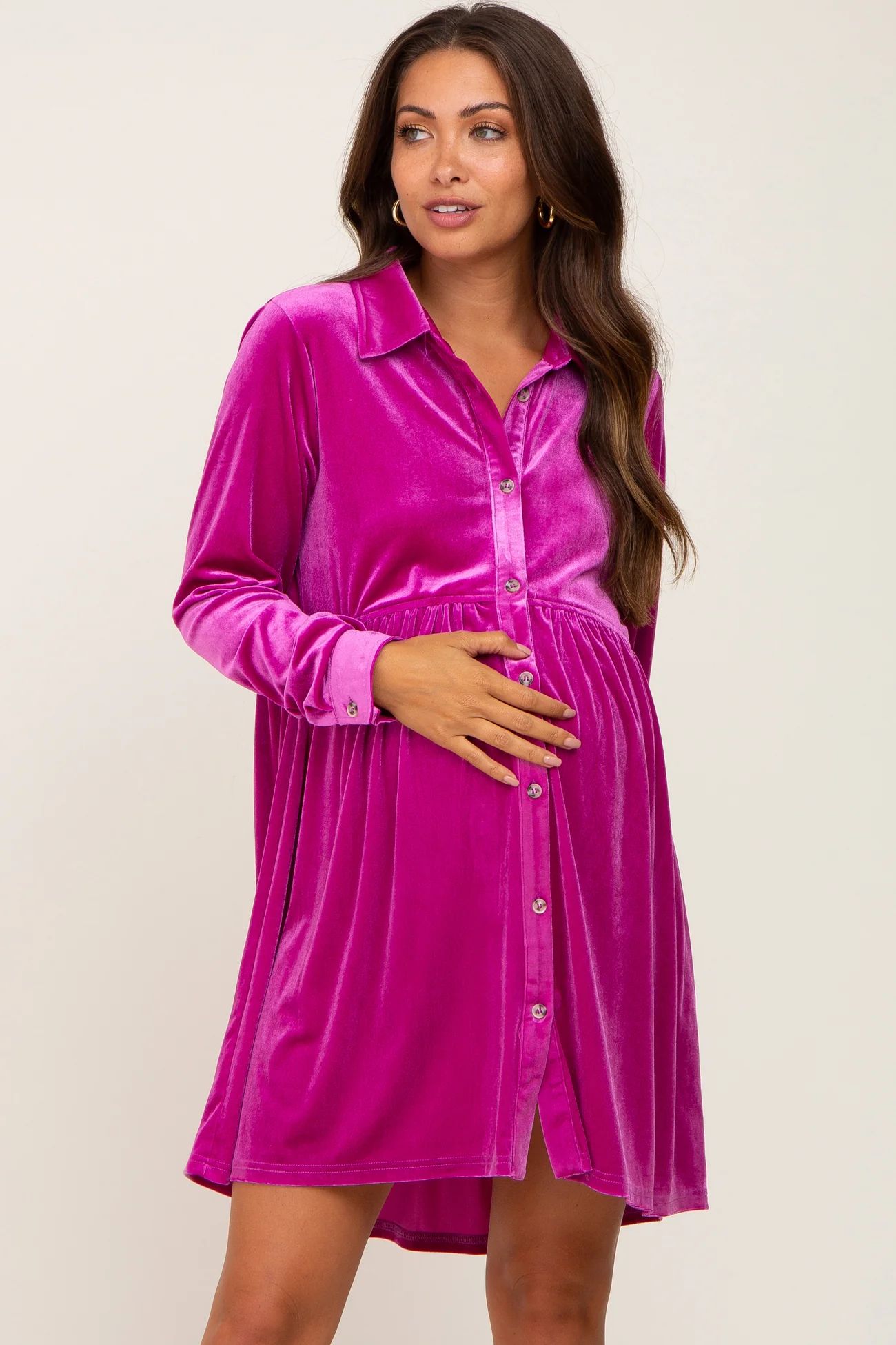 Magenta Velvet Button Down Maternity Mini Dress | PinkBlush Maternity