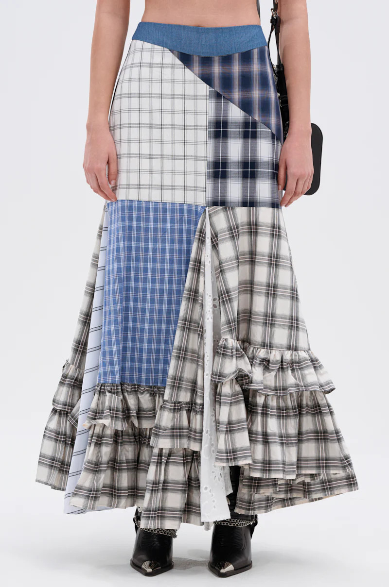 AKIRA Out Of Alignment Plaid Midi Skirt | Size Small | AKIRA