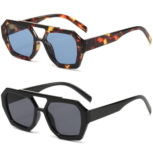 MUNSADE Trendy Aviator Sunglasses for Women Retro Hexagonal Square Double Bridge Sun Glasses Designer Style Shades 2pack ((2 Pack) Tortoise/Blue+Black/Grey) | Amazon (US)