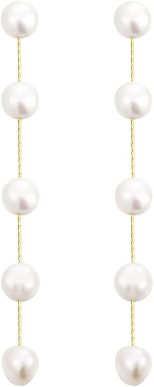 14k Gold/Silver Plated Long Pearl Drop Dangle Earrings for Women Chain Baroque Pearl Stud Jewelry fo | Amazon (US)