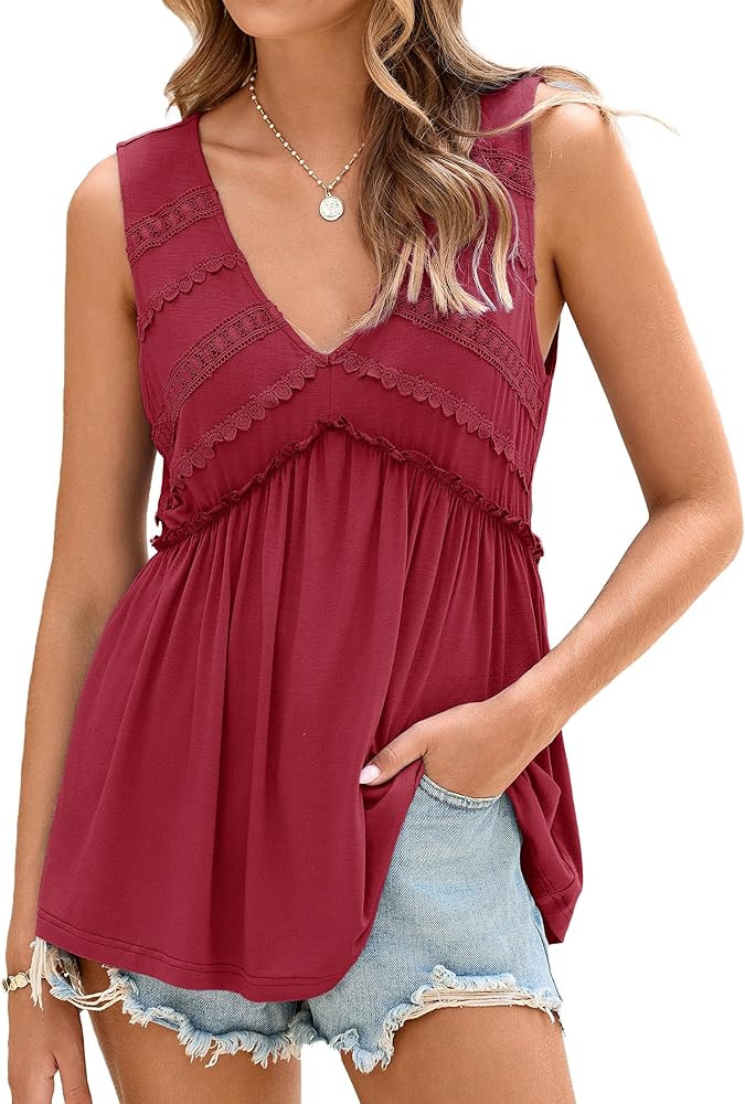 Glamaker Women Summer Tank Tops Babydoll Beach Lace Peplum Tops Flowy Sleeveless V Neck Casual Tu... | Amazon (US)