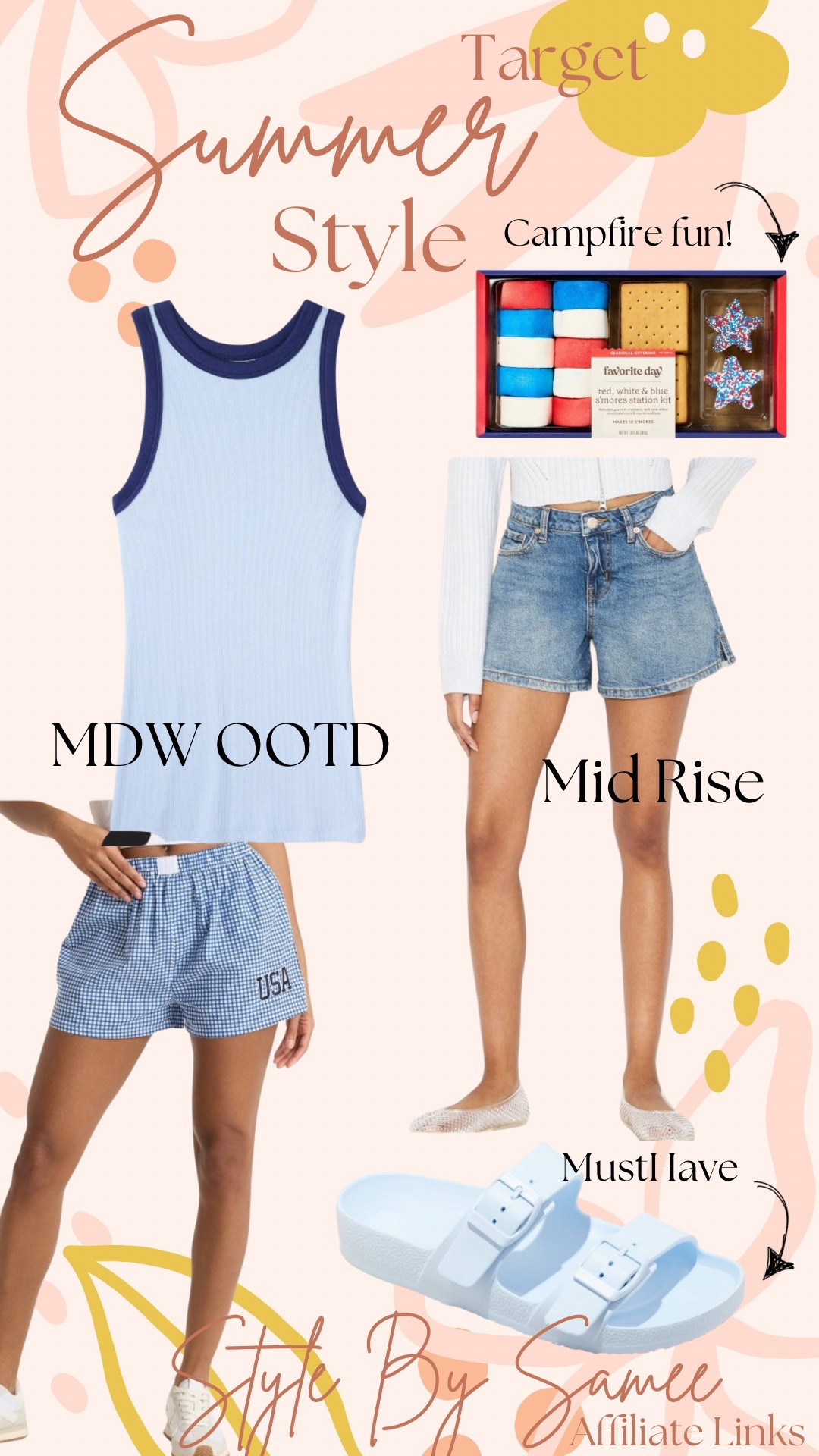 What’s in my cart?  🇺🇸🇺🇸Memorial Day Weekend must haves! USA boxers, mid rise shorts, the cutest tank, and my go to sandals! Don’t forget the smores kit for all the fun! 
Target | outfit inspo | style | summer | trending| snacks | campfire | MDW | mid rise denim | slides 

#LTKSaleAlert #LTKParties #LTKStyleTip