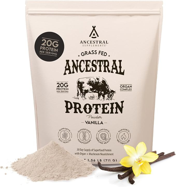 Ancestral Supplements Grass Fed Protein Powder, Vanilla, Beef Bone Broth Based with Beef Organs &... | Amazon (US)