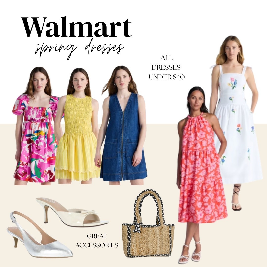 Walmart spring dresses that look nothing like a Walmart find — and this lineup is everything 🌸✨ Pink floral puff sleeve smocked mini, yellow smocked drop waist mini, denim zip front mini, coral floral tiered halter maxi, and a white floral embroidered maxi — plus silver slingback heels, cream bow kitten heels, and a black trimmed raffia tote to complete every look. All linked and all worth it. 

#LTKWedding #LTKMothersDay #LTKSeasonal