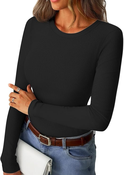 Womens Long Sleeve Shirts Ribbed Slim Fit Tops Tight Casual Crewneck Basic Tee 2026 Spring Fall C... | Amazon (US)