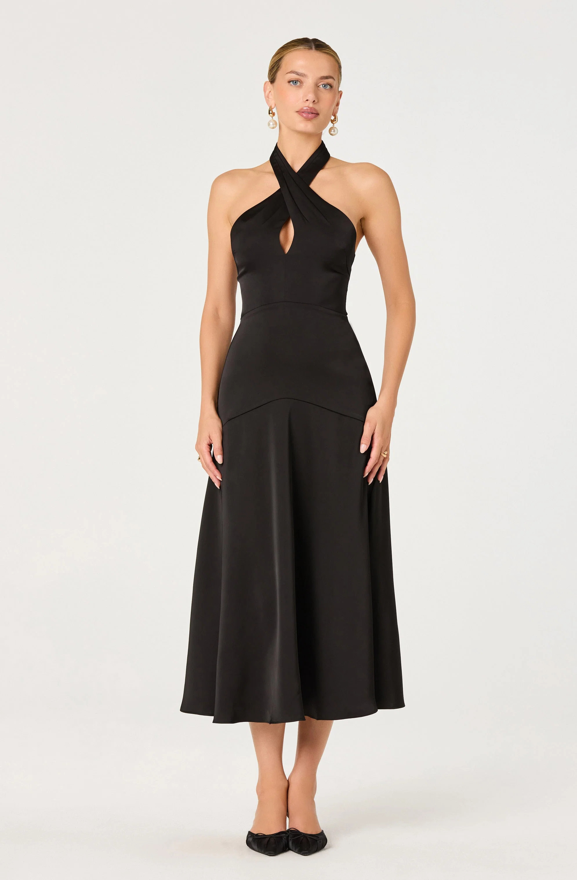 Satin Crossover Halter Midi Dress - Black / XS | ASTR The Label (US)