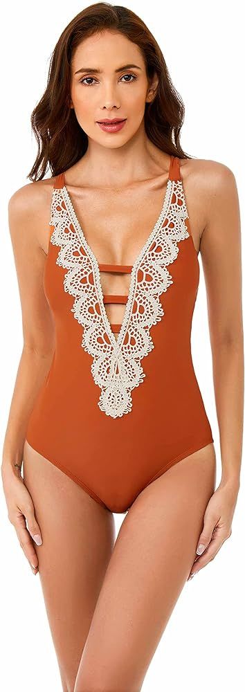 Destination One Piece Swimsuit, Plunge Neck with Crochet Trim, Bathing Suit for Women | Amazon (US)