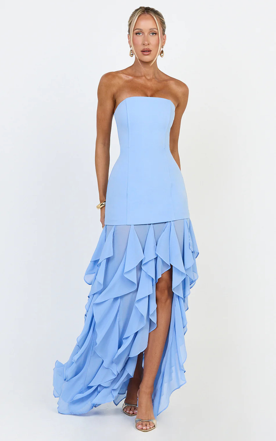 Strapless Bodice Ruffle Hem Dress in Sky Blue | Showpo (US, UK & Europe)