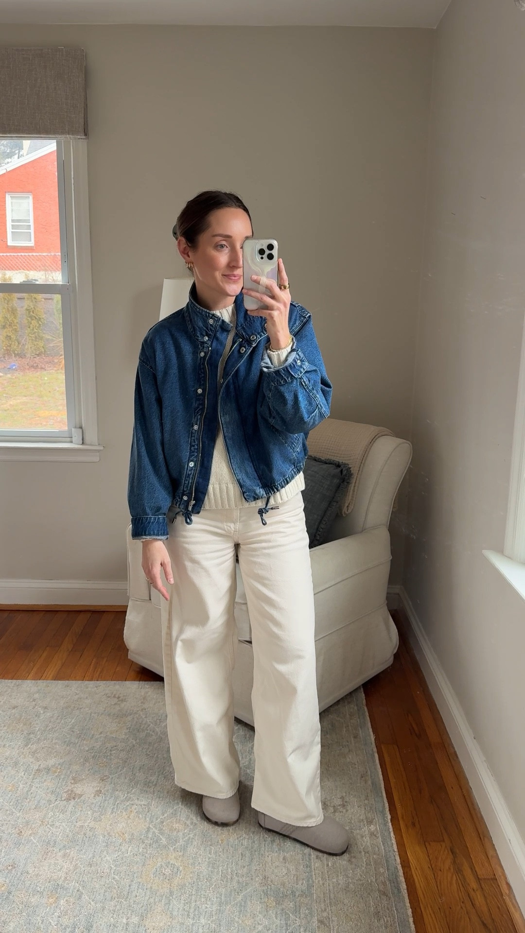 Madewell field jacket in size medium. Jeans in 26. Sweater in XS. Jeans are in color ecru and they’re on sale for $44!