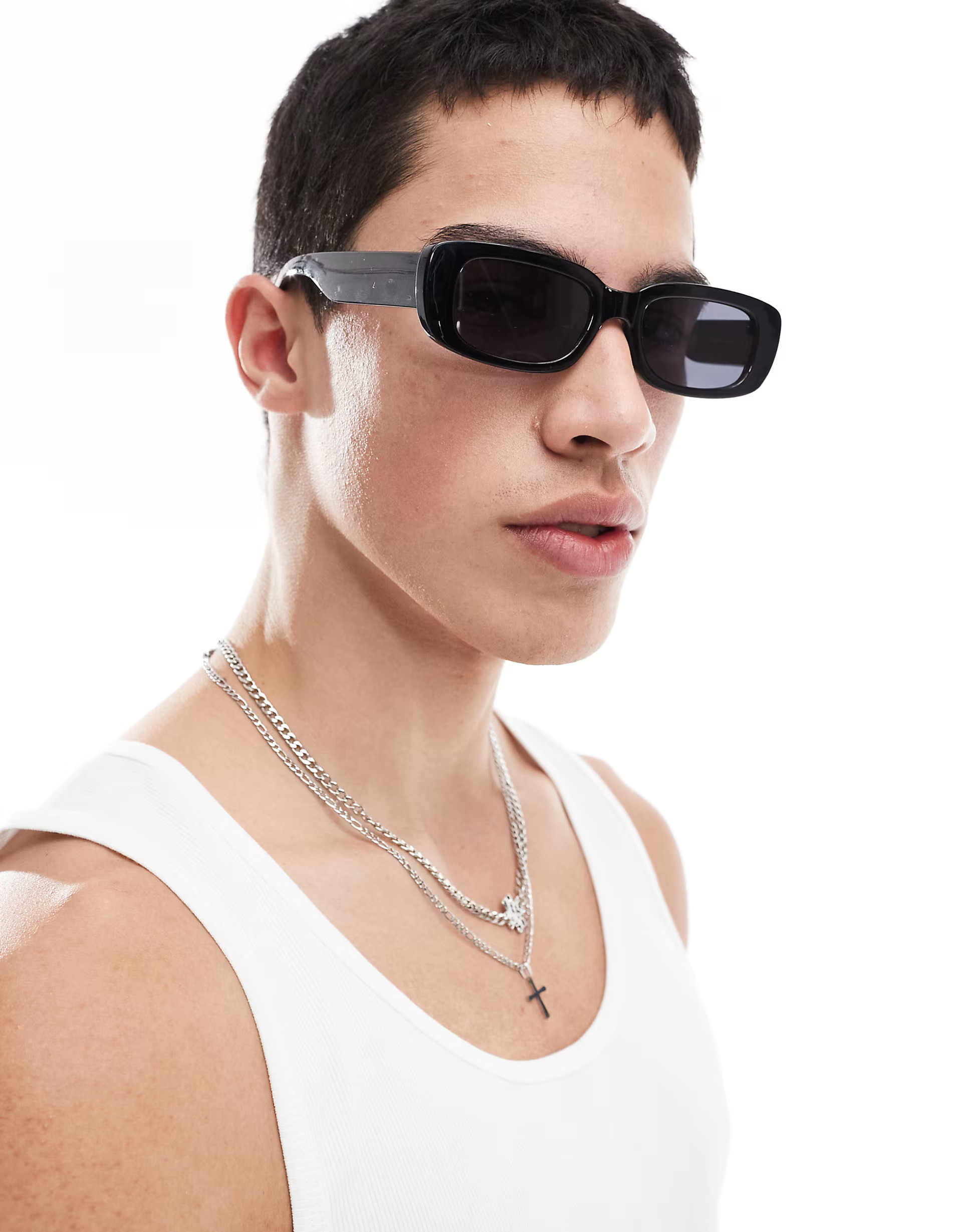 ASOS DESIGN chunky rectangle sunglasses with black lens in black | ASOS (Global)