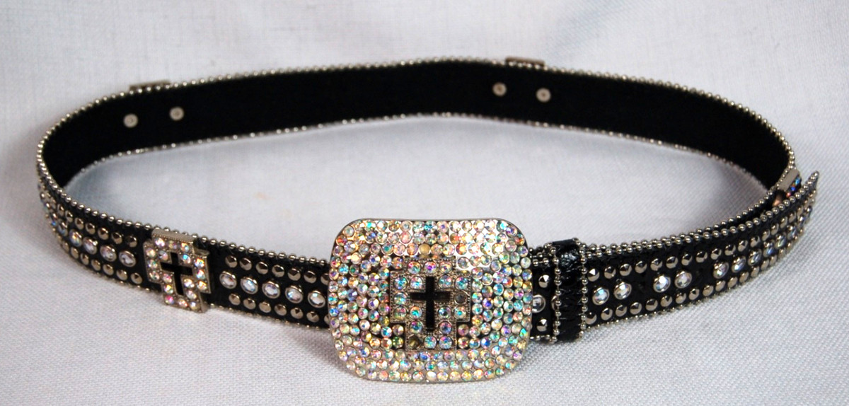 Vintage Black Leather Studded Rhinestone & Crosses Women's Belt 44" Long | eBay US