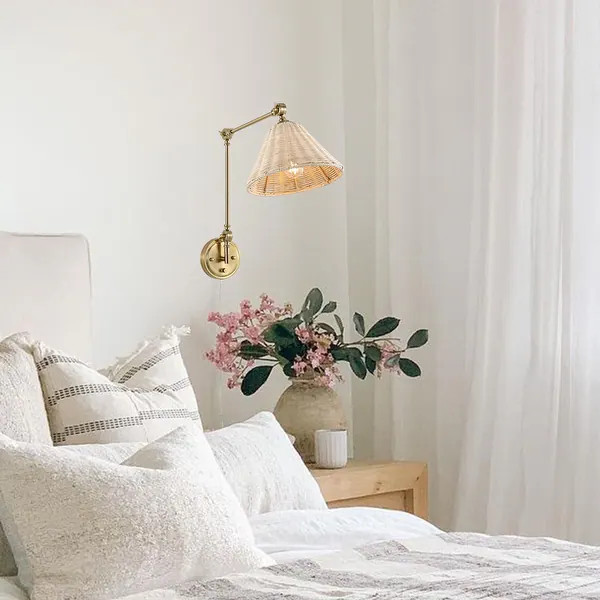 WINGBO Adjustable Swing Arm Wall Sconce with Neutral Beige Rattan Shades | Bed Bath & Beyond