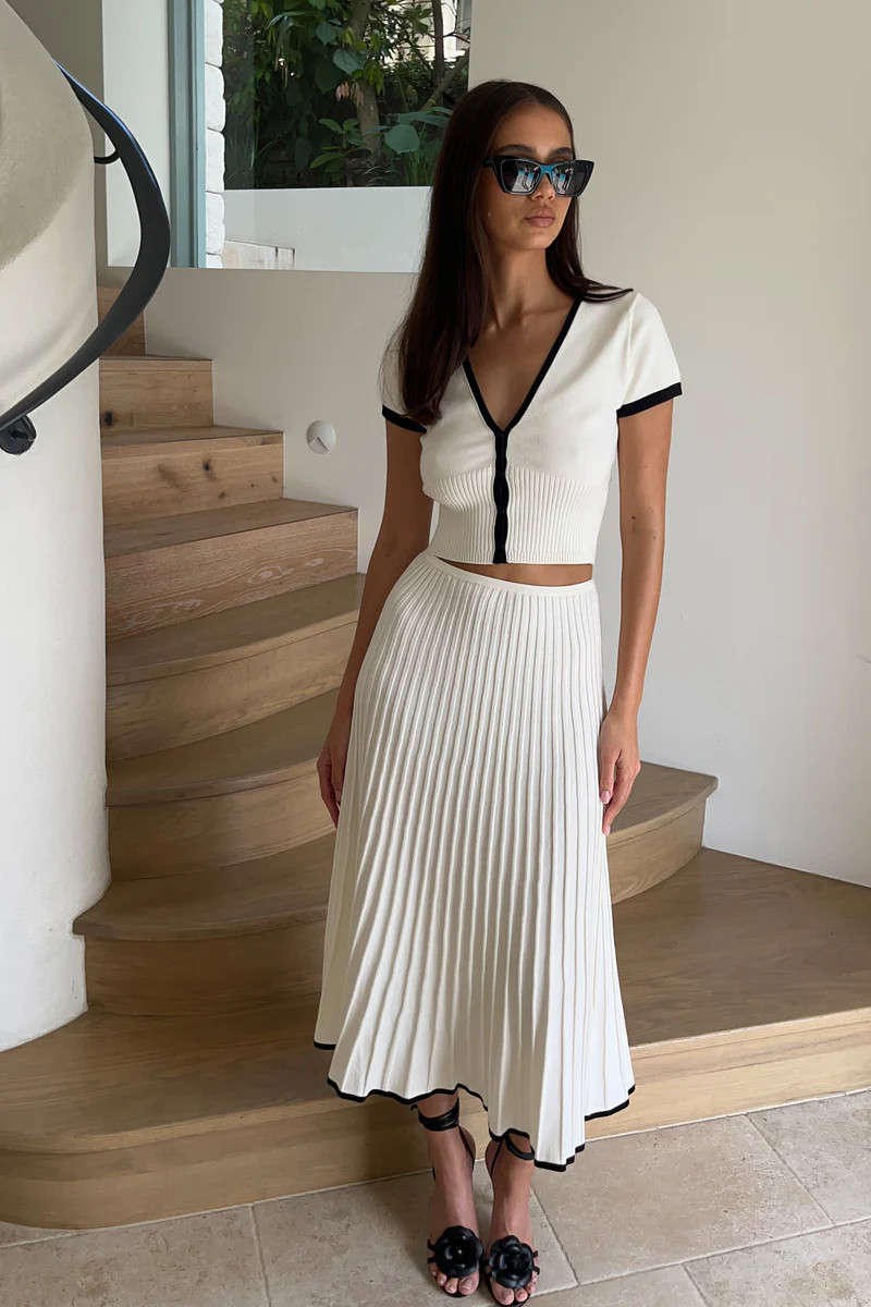 Jolene Contrast Rib Knit Midi Skirt - White | Meshki (APAC)