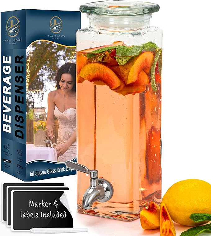 Square Glass Drink Dispenser for Parties - Stainless Steel Spigot + Marker & Label - 100% Leakpro... | Amazon (US)