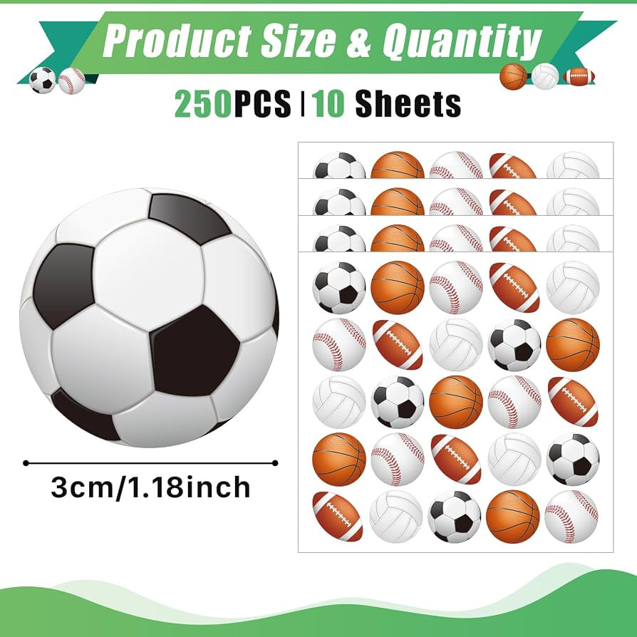 250 Pcs Sports Ball Stickers for Kids - Soccer, Football, Baseball, Basketball, Volleyball - Ball... | Amazon (US)