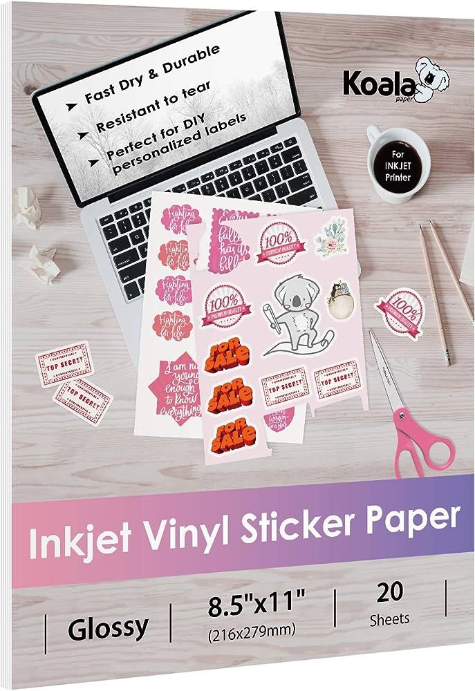 Koala Printable Vinyl Sticker Paper for Inkjet Printers - 20 Sheets Glossy White Waterproof Adhes... | Amazon (US)