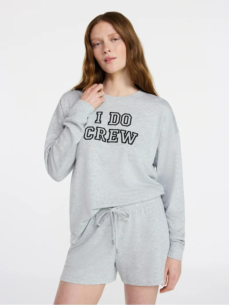 Joyspun Women's Bridal French Terry Knit Long Sleeve Top and Shorts Pajamas Set, Sizes XS-3X | Walmart (US)