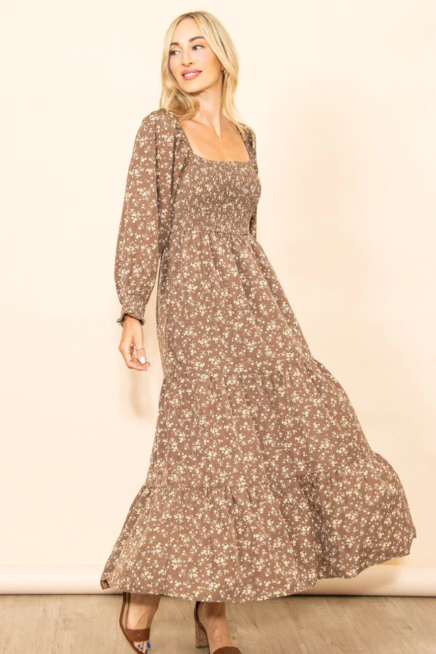 Mocha Floral Smocked Long Sleeve Maxi Dress | PinkBlush Maternity