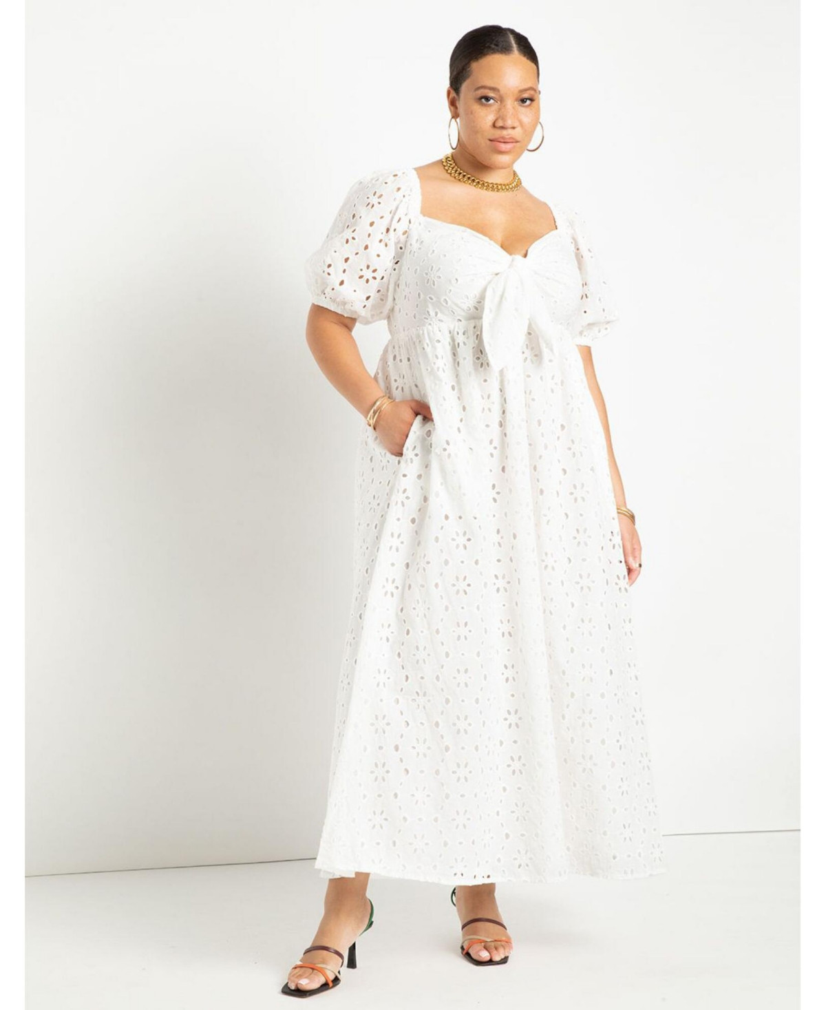 Eloquii Women's Plus Size Eyelet Tie Front Maxi Dress - Soft white | Macy's
