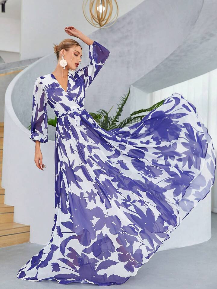 Floral Print Lantern Sleeve Belted Dress | SHEIN