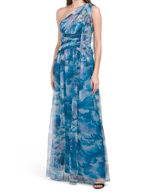 One Shoulder Floral Organza Pleated Gown | TJ Maxx