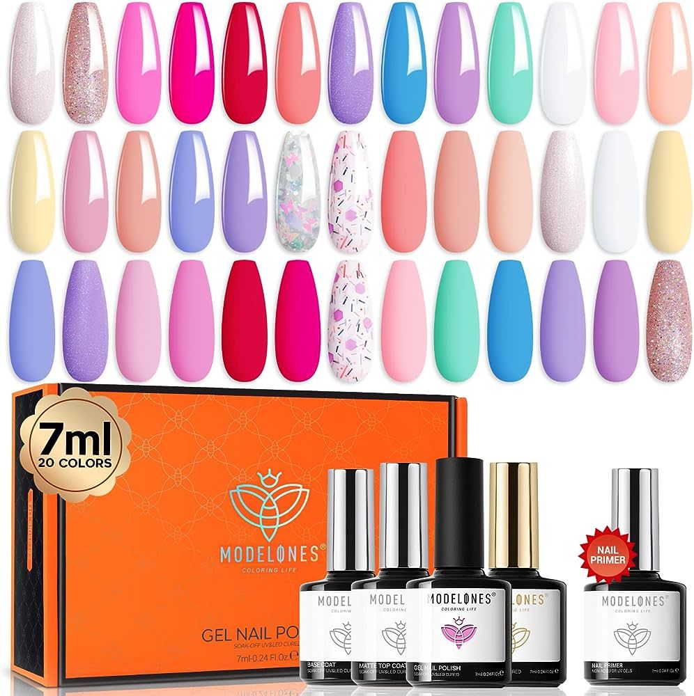modelones 24 Pcs Gel Nail Polish, 20 Colors Summer Gel Polish Set Magenta Bright Glitter Hot Pink... | Amazon (US)