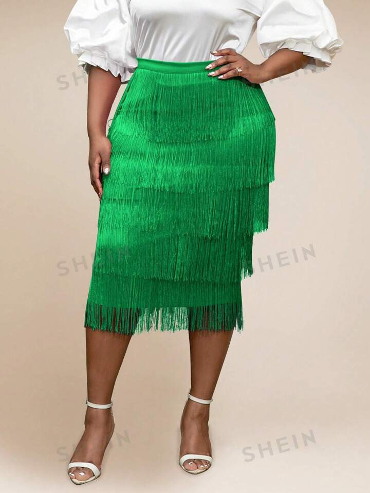 Plus Fringe Trim Skirt | SHEIN