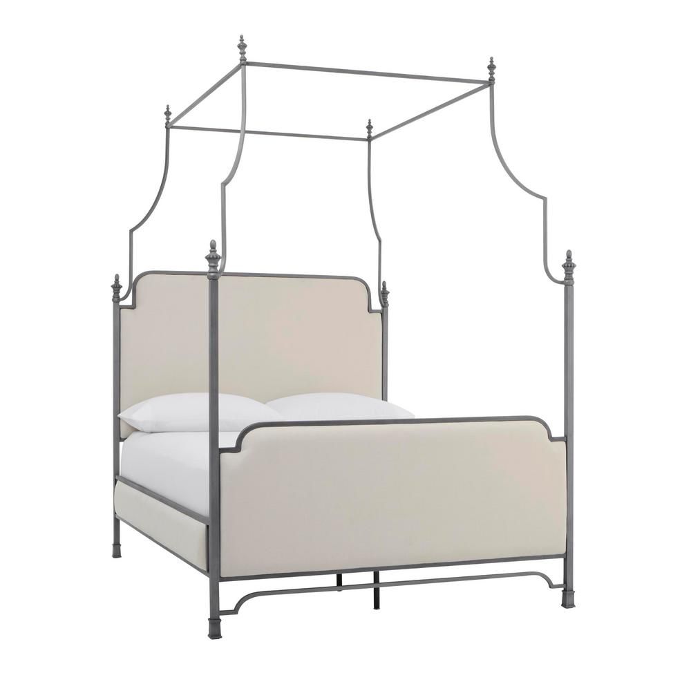 Adelina Silver Metal King Canopy Bed with Ivory Fabric (80.5 in W. X 96 in H.) | The Home Depot