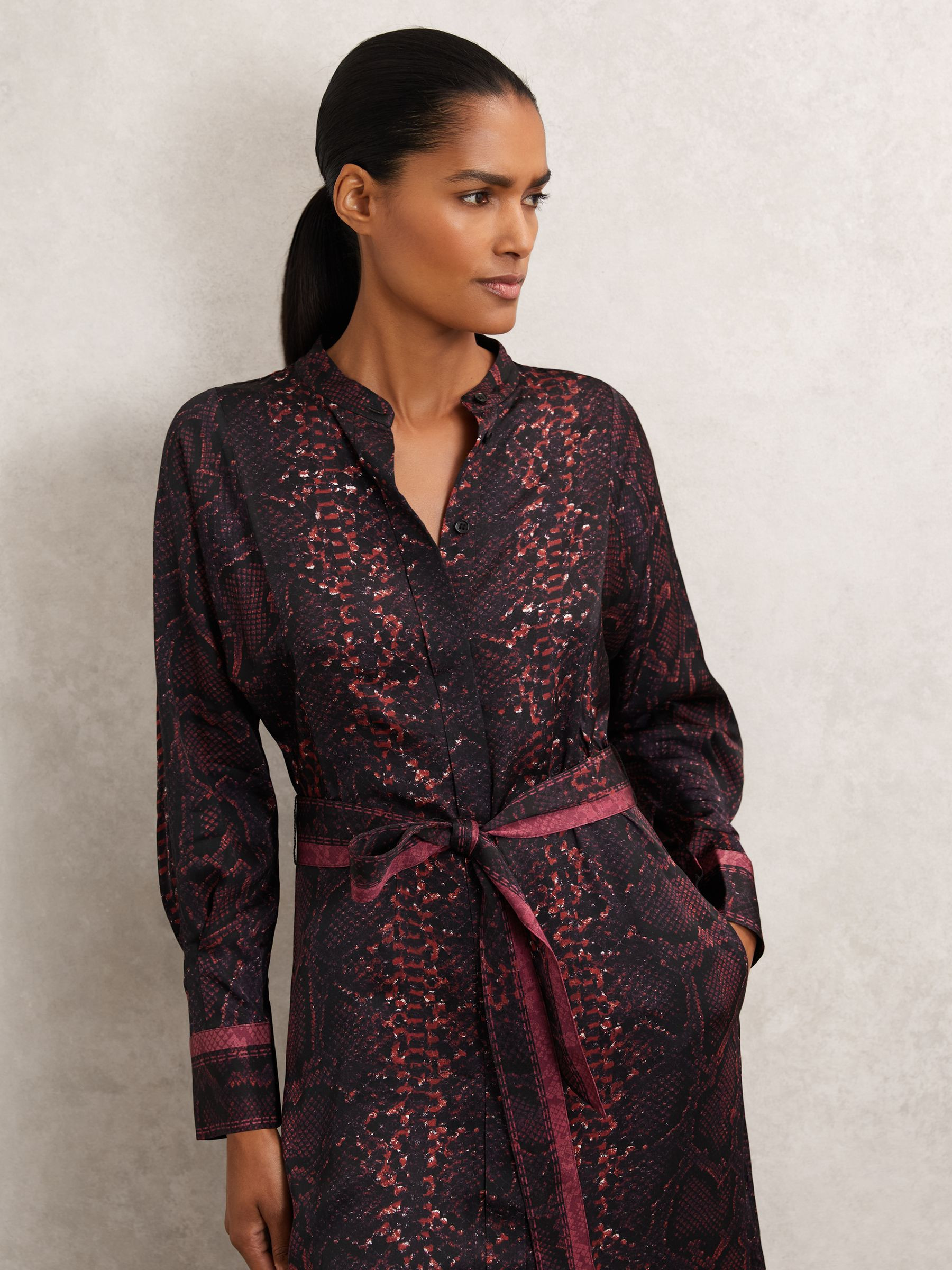 Reiss Snake-Print Belted Shirt Dress in Burgundy/Black | REISS | Reiss US