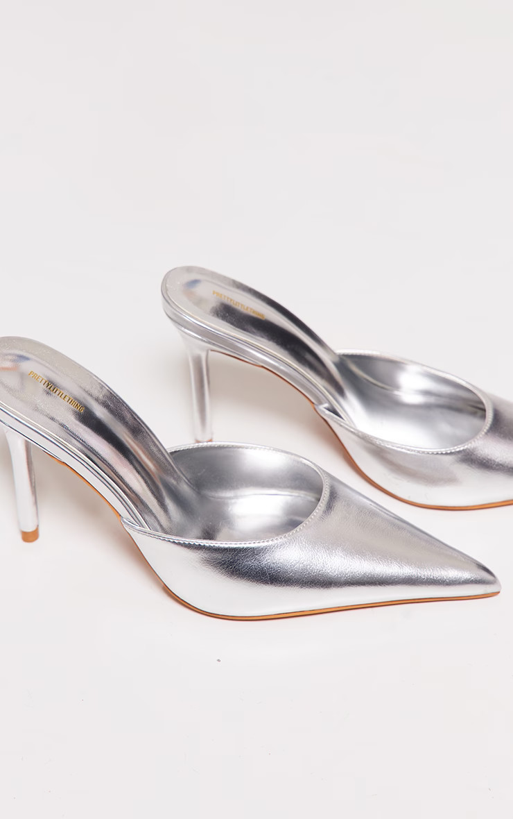 Silver Metallic Point Toe High Heeled Court Mules | PrettyLittleThing US