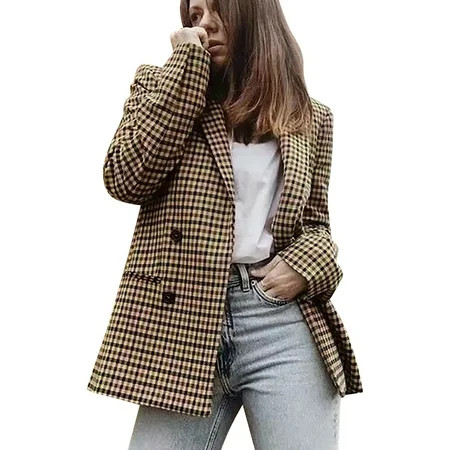 Soighxzc Double Button Suit Coat For Women Long Sleeve Outerwear Lightweight Coats Work Office Blazer Jacket Open Front Plaid Cardigan | Walmart (US)