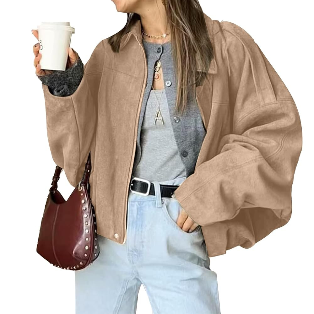 HOTIAN Women's Faux Suede Bomber Jacket Zipper Pilot Coat Casual Lapel Oversized Long Sleeves Y2K... | Amazon (US)