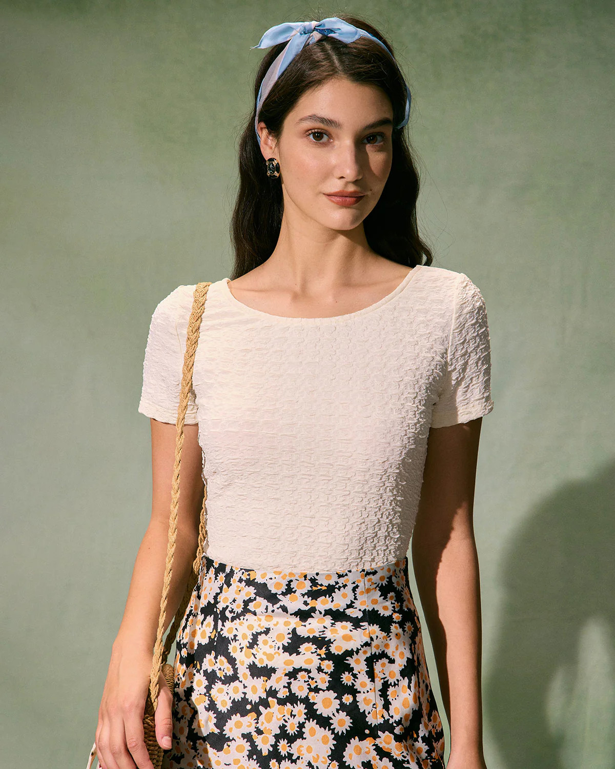 The Beige Round Neck Textured Knit Tee & Reviews - Beige - Tops | RIHOAS | rihoas.com