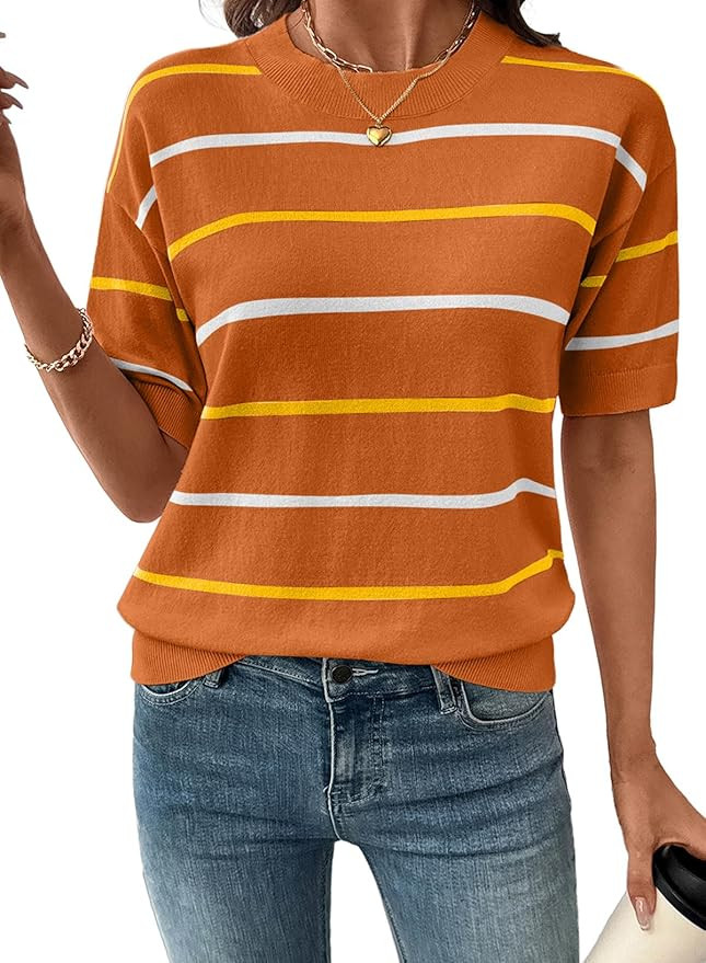 SHEWIN Womens Tops Crewneck Short Sleeve Sweater Pullover Knit Striped Shirt Spring Outfits for W... | Amazon (US)