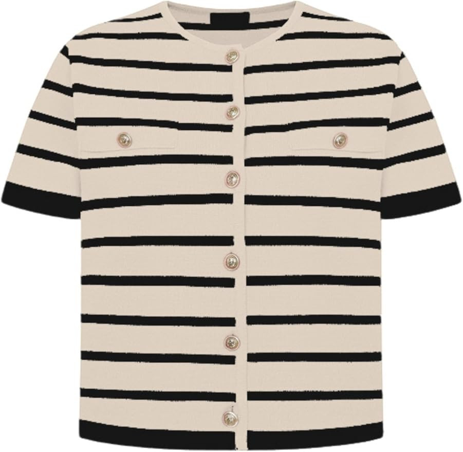 Omoone Womens Striped Cardigan Sweater Short Sleeve Lightweight Summer Button Down Cropped Knit T... | Amazon (US)