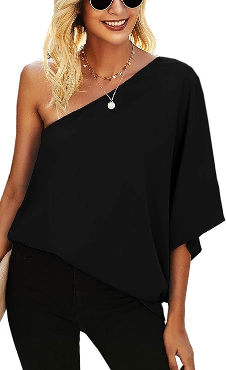 Angashion Tops Sexy Off One Shoulder Solid Striped Oversized Casual Half Sleeves Tunic Shirts for... | Amazon (US)