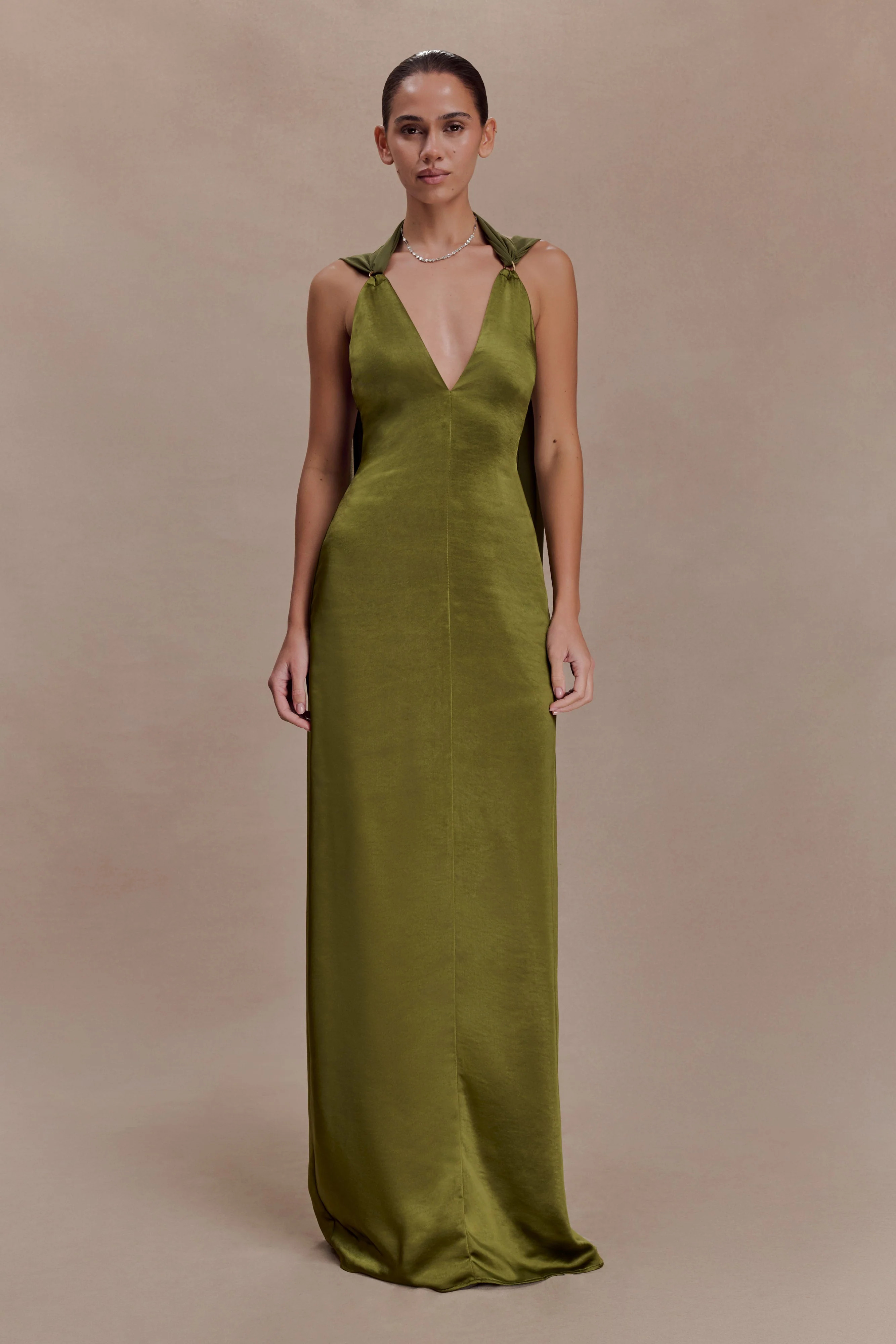 Draped Shoulders Satin Maxi Dress - Khaki | MESHKI US