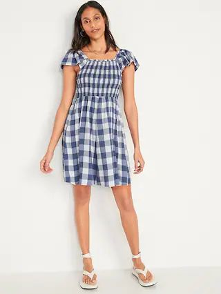 Fit &#x26; Flare Flutter-Sleeve Gingham Mini Dress for Women | Old Navy (US)