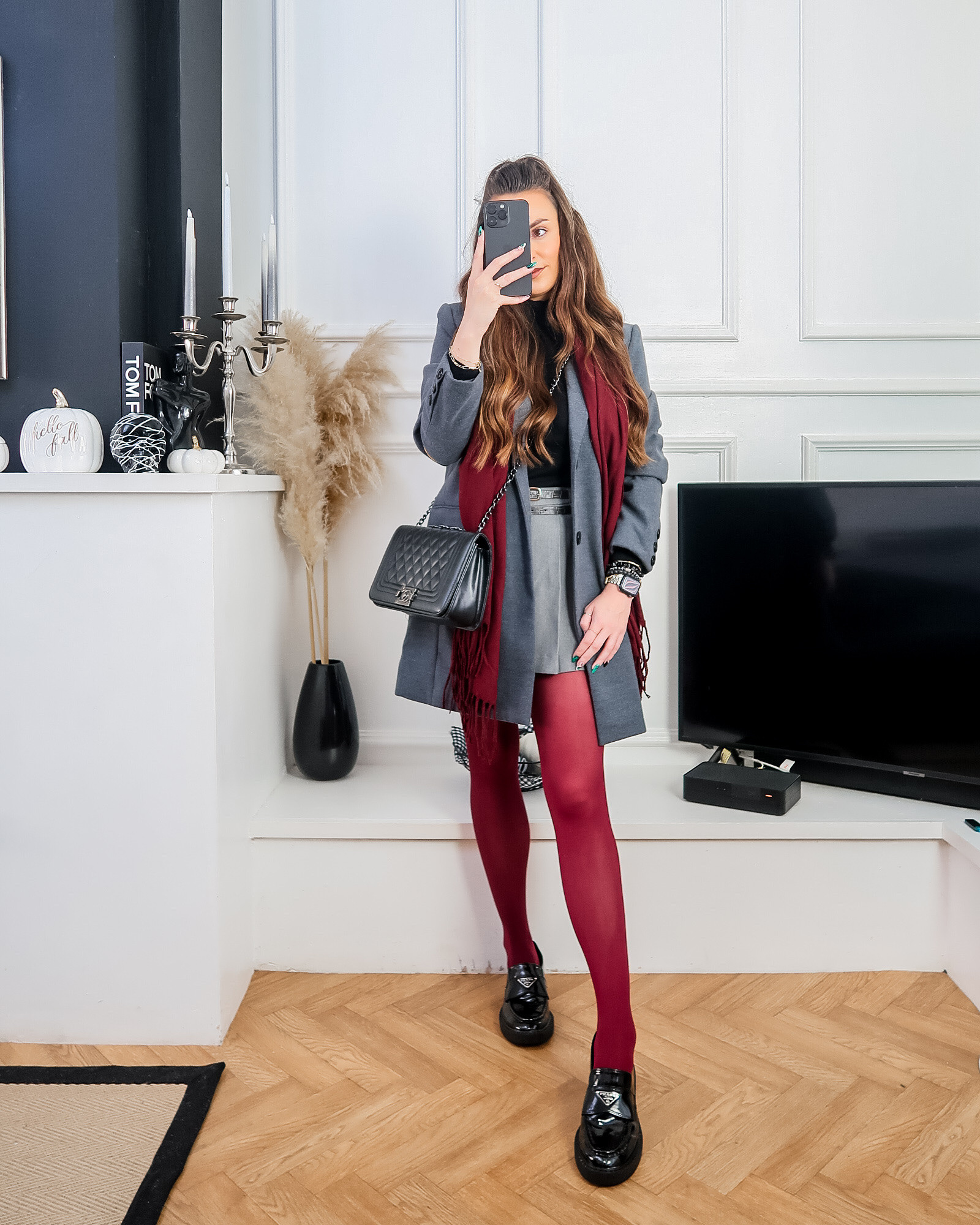 Grey and burgundy, fall colour combos, fall outfit ideas, autumn colour combo, autumn outfit ideas, grey tailored coat, grey single breasted coat, grey wool look coat, dark grey crombie, burgundy scarf, maroon scarf, burgundy tights, maroon tights, black loafers, prada loafers, grey skirt, grey skort, grey pleated mini skirt 

#LTKautumn #LTKeurope #LTKuk