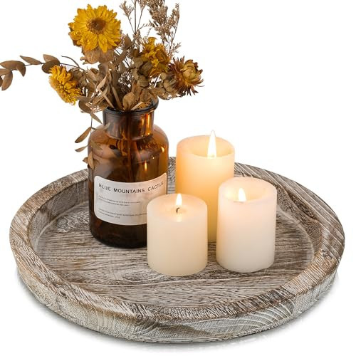 Hanobe Candle Plate Holder Tray: Round Wooden Decorative Candle Plate Small Farmhouse Table Centerpiece Rustic Whitewash Wood Tealight Pillar Trays for Christmas Wedding Halloween Home Decor | Amazon (US)