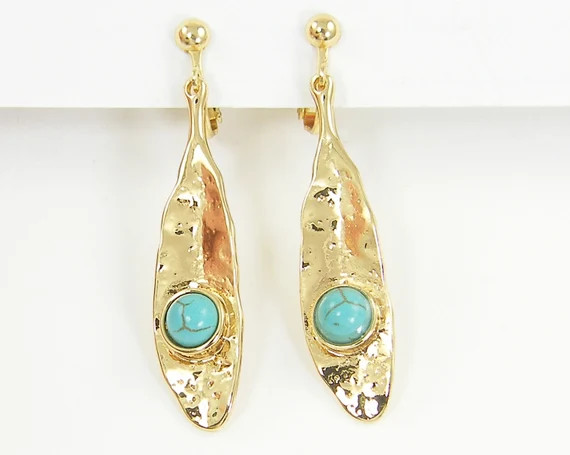 Turquoise Gold Clip on Earrings, Turquoise Bead Textured Freeform Organic Leaf Clip Earrings with... | Etsy (US)