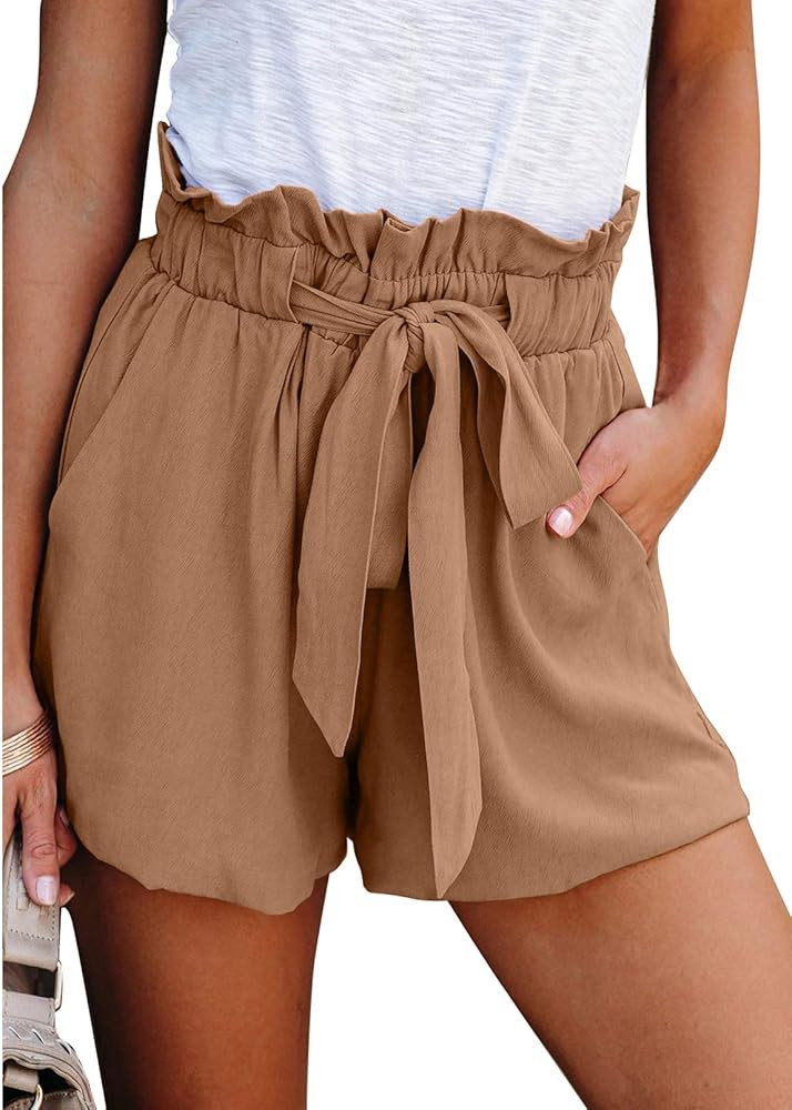 Dokotoo Womens Casual Summer 2024 Ruffle Belted Elastic Waist Shorts with Pockets | Amazon (US)